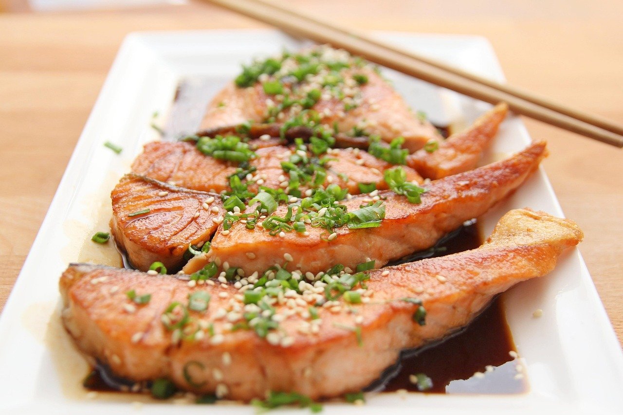 food, salmon, teriyaki, fish, eat, dish, restaurant, meal, healthy, nature, healthy meal, savory, food photography